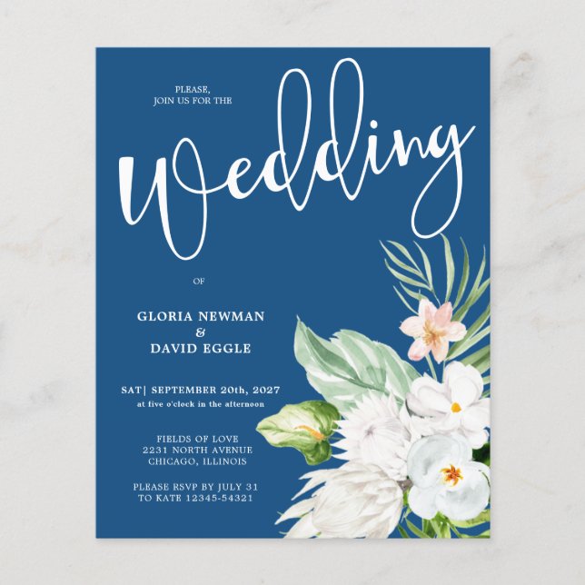 Budget Classic Blue Floral Wedding Invitation (Front)
