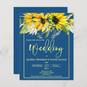 Budget Classic Blue Sunflower Wedding Invitation