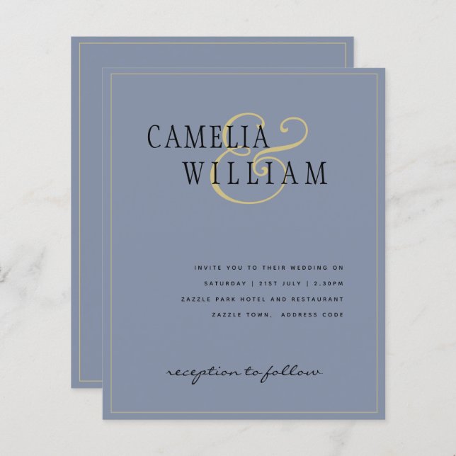 BUDGET Classic Dusty Blue Gold Wedding Invite (Front/Back)