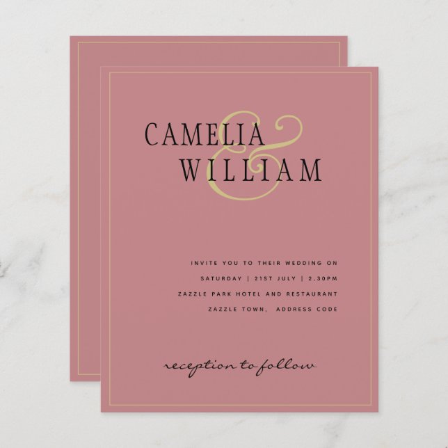 BUDGET Classic Dusty Rose Pink Gold Wedding Invite (Front/Back)