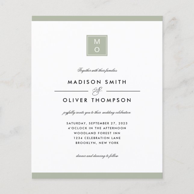 BUDGET Classic Elegant Sage Green Monogram Wedding (Front)