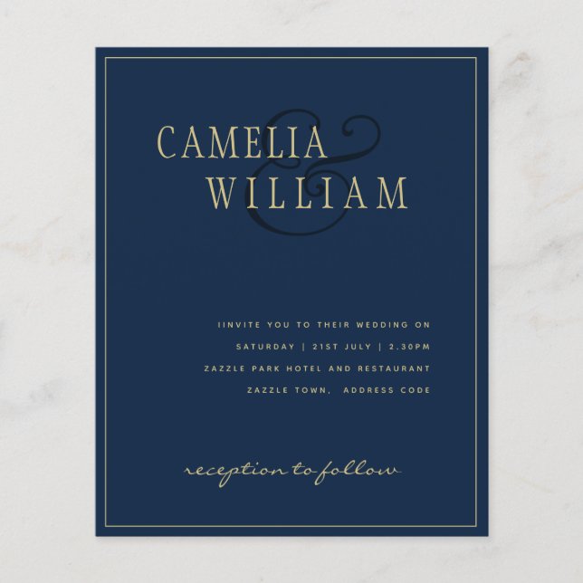 BUDGET Classic Navy Blue Gold Wedding Invite (Front)