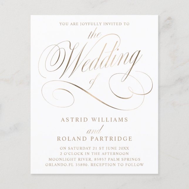Budget Classic Script White & Gold Wedding  (Front)