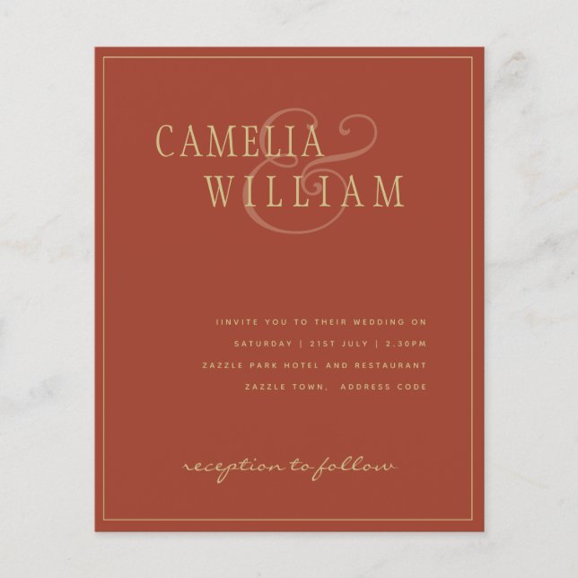 BUDGET Classic Terracotta Gold Wedding Invite Flyer (Front)