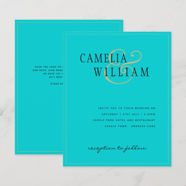 BUDGET Classic Turquoise Gold Wedding Invite  (Front/Back)