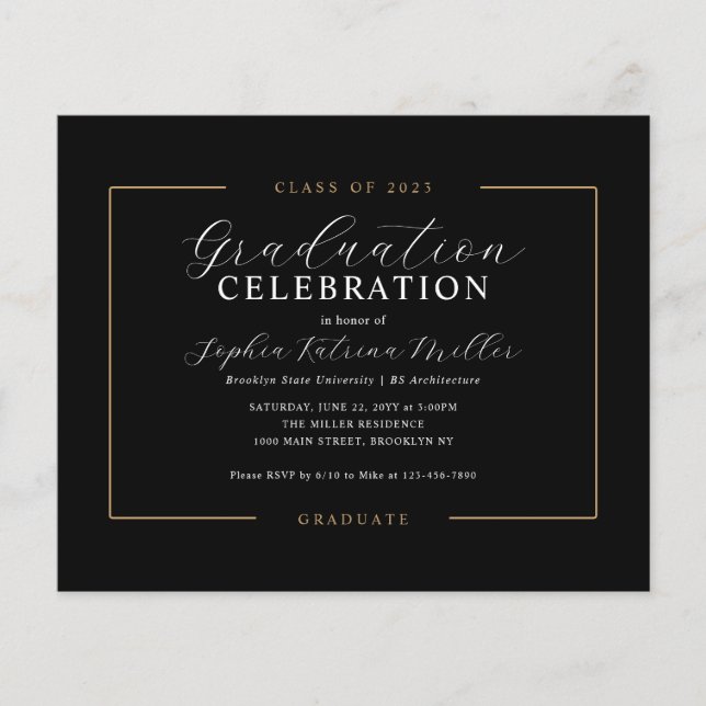 Budget Classy Black Gold Graduate Graduation Party (Front)