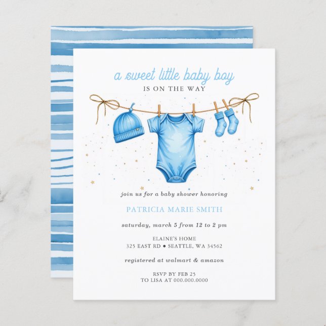 Budget Clothesline Blue Boy Baby Shower invitation (Front/Back)