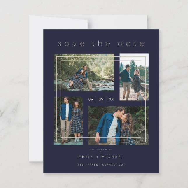 Budget Collage 4 Photos Navy Minimalist Wedding  (Front)