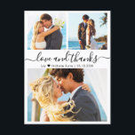 Budget Collage Love and Thanks Wedding Thank You Postcard<br><div class="desc">Budget Modern, Elegant "Love and thanks" Script Photo Collage Wedding Thank You Postard. Minimalist wedding thank you card template featuring three photo on the front and one photo on the back. With the text "Love and thanks" in a swirly hand lettered typography swash tail font script in black colour on...</div>