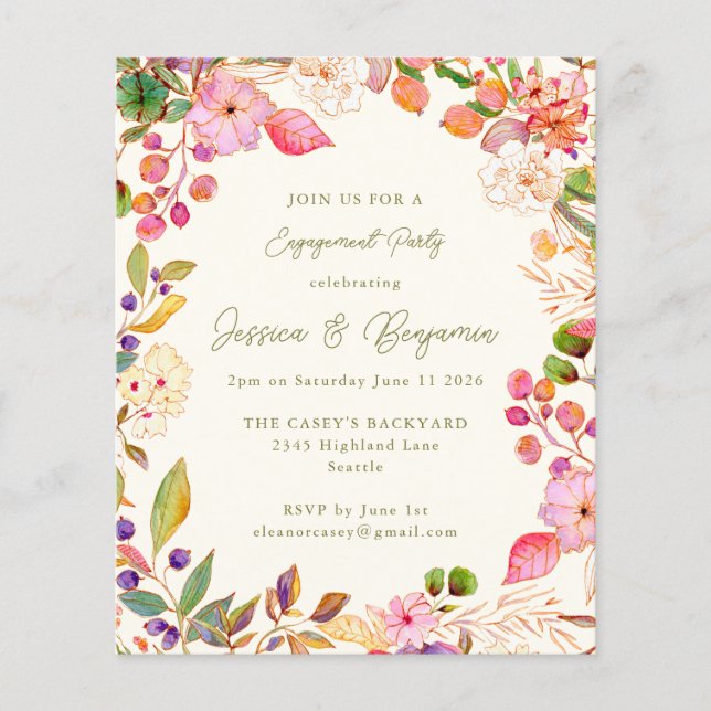 Budget Colourful Floral Engagement Party Invitatio (Front)