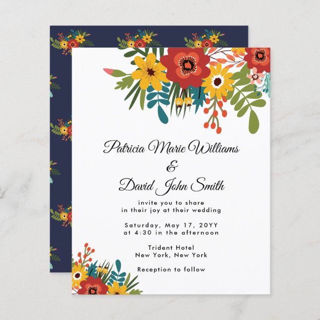 Budget Colourful Floral Rustic Wedding Invitation (Front/Back)