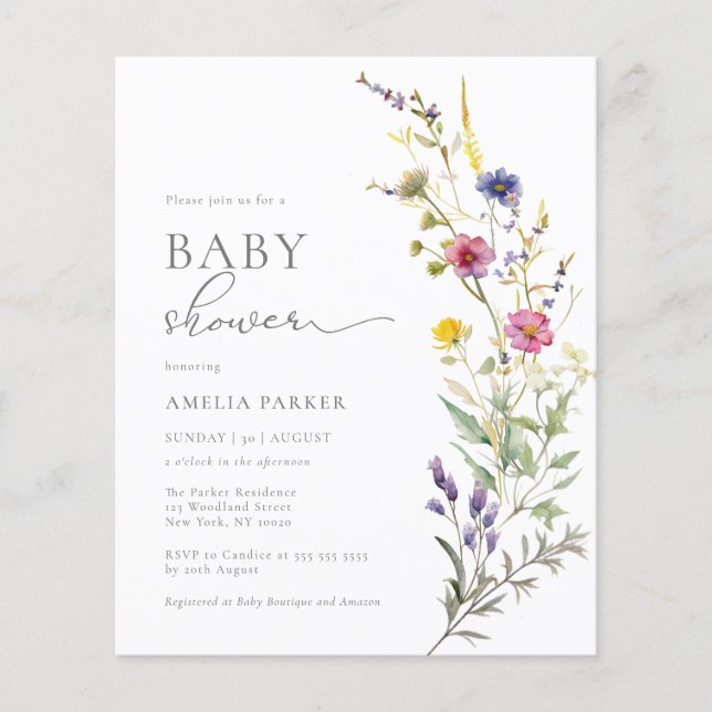 Budget Colourful Wildflower Baby Shower Invitation (Front)