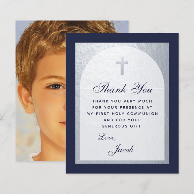 Budget Communion Navy Blue Silver Thank You Card (Front/Back)