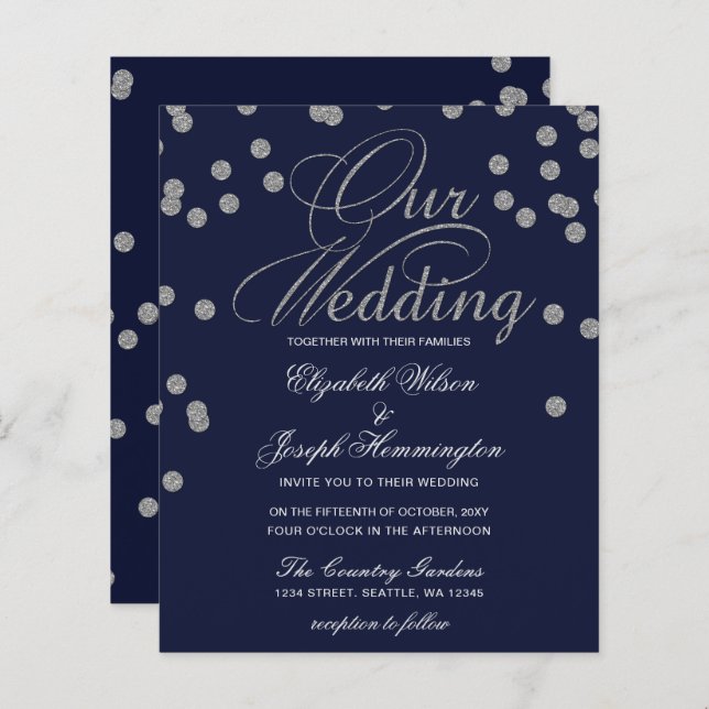 Budget Confetti Navy Silver Wedding Invitation (Front/Back)