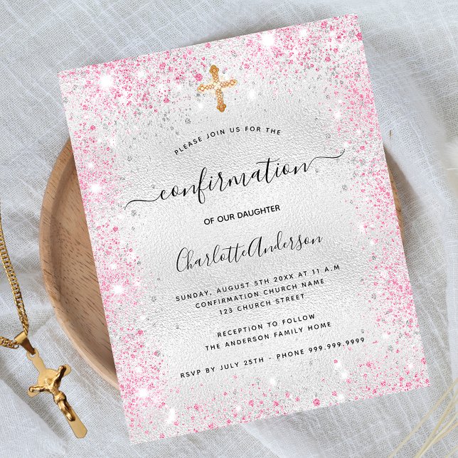 Budget confirmation silver glitter pink invitation (Creator Uploaded)