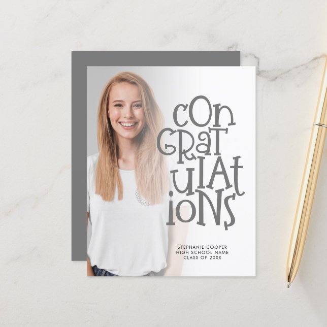 Budget Congrats Photo Grey Graduation Announcement (Front/Back In Situ)