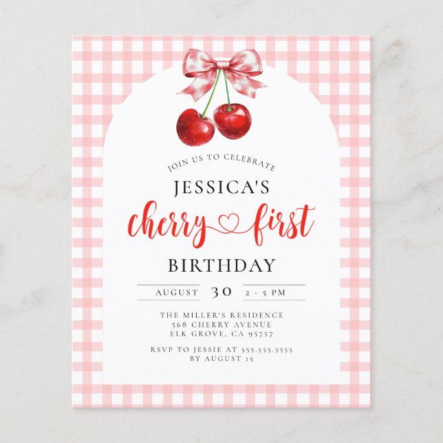 Budget Coquette Cherry First Birthday Invitation (Front)