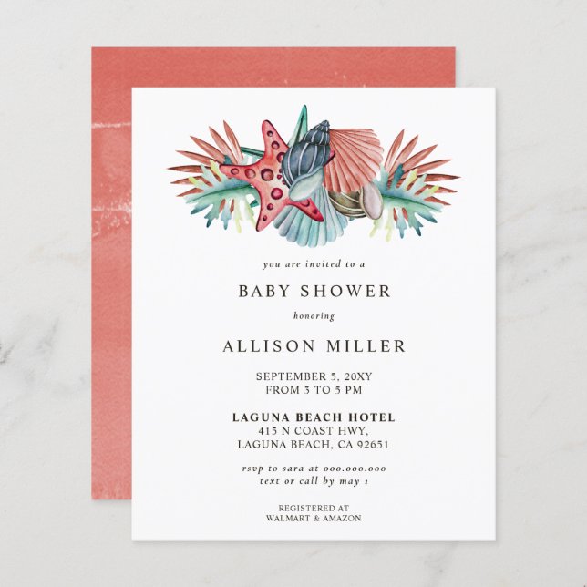 Budget Coral Beach Baby Shower Invitation (Front/Back)