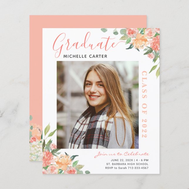 Budget Coral Floral Photo Graduation Announcement (Front/Back)