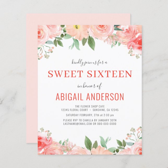 Budget Coral Floral Sweet 16 Birthday Invitation (Front/Back)