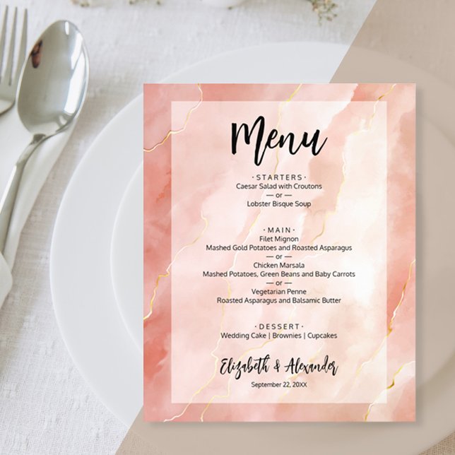 Budget Coral Gold Marble Wedding Menu (Creator Uploaded)