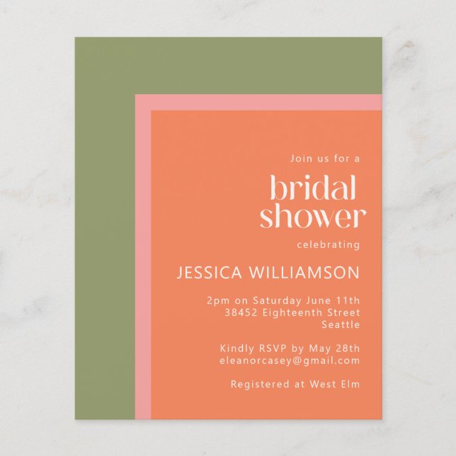 Budget Coral Green Geometric Bridal Shower Invite (Front)