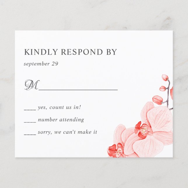 BUDGET Coral orchid chic Botanical Wedding RSVP (Front)