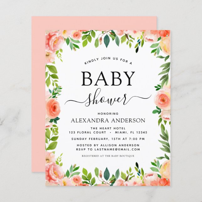 Budget Coral Peach Baby Shower Floral Invitation (Front/Back)
