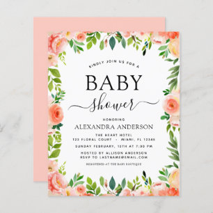 Budget Coral Peach Baby Shower Floral Invitation