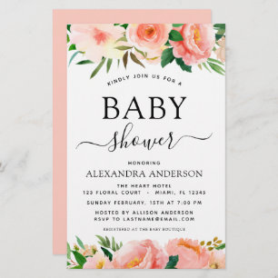 Budget Coral Peach Baby Shower Floral Invitation