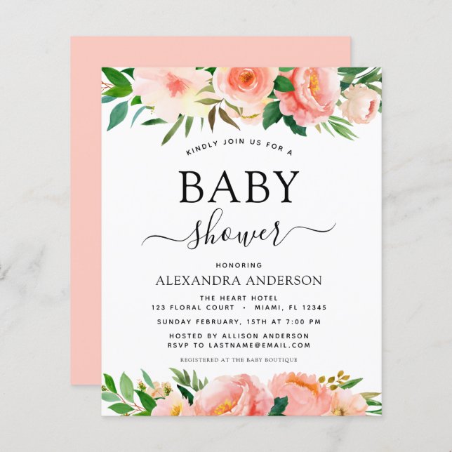 Budget Coral Peach Baby Shower Floral Invitation (Front/Back)