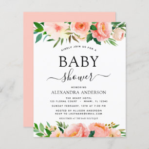 Budget Coral Peach Baby Shower Floral Invitation