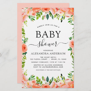 Budget Coral Peach Baby Shower Floral Invitation
