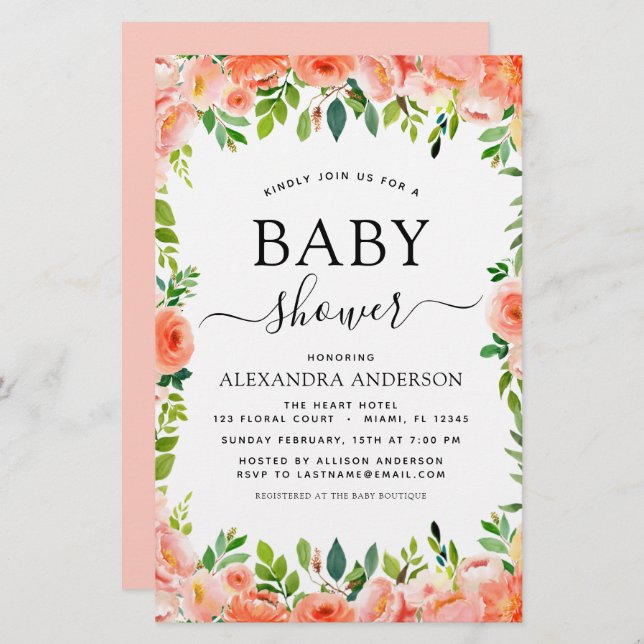 Budget Coral Peach Baby Shower Floral Invitation (Front/Back)