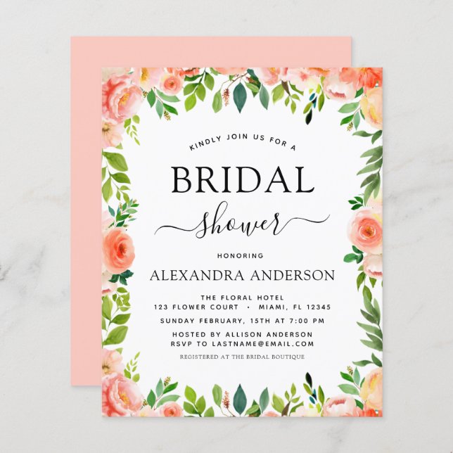 Budget Coral Peach Bridal Shower Floral Invitation (Front/Back)