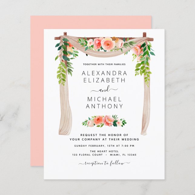 Budget Coral Peach Floral Arch Wedding Invitation (Front/Back)