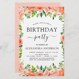 Budget Coral Peach Floral Birthday Invitation