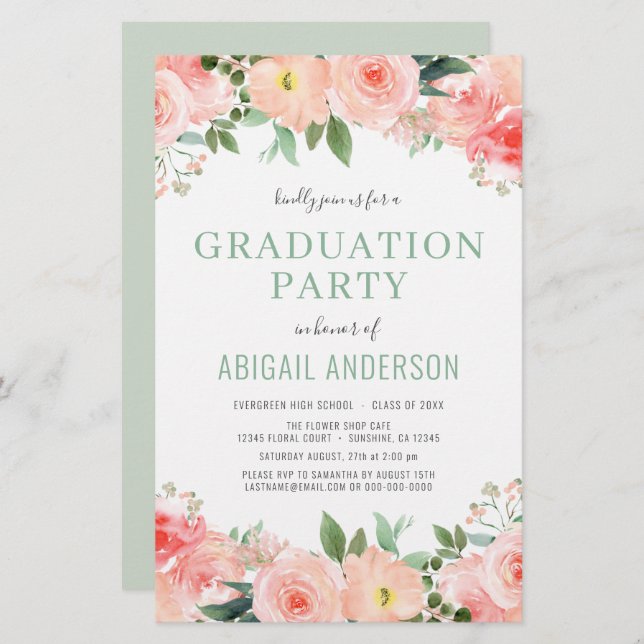 Budget Coral Peach Floral Graduation Invitation (Front/Back)