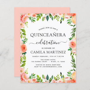 Budget Coral Peach Floral Quinceañera Invitation