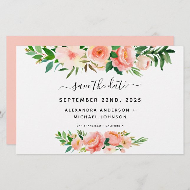 Budget Coral Peach Floral Save the Date Invitation (Front/Back)