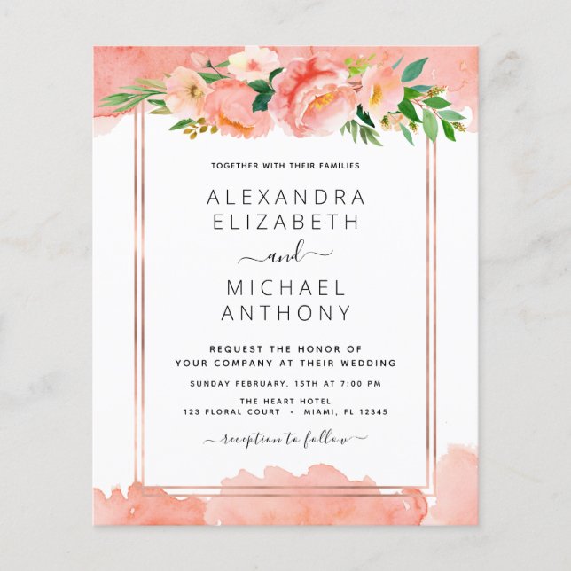 Budget Coral Peach Floral Wedding Invitation (Front)