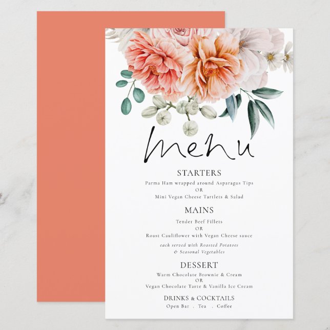 Budget Coral Peonies Florals Wedding Menu (Front/Back)