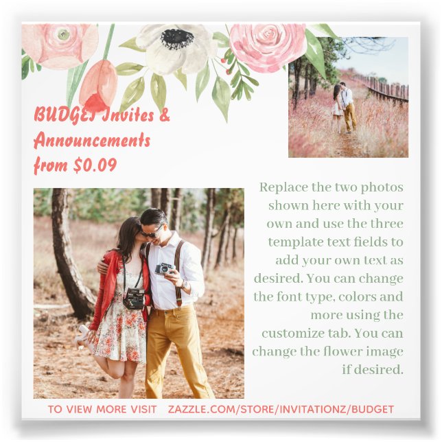 BUDGET Coral Pink Flowers Photo Text Template Print (Front)