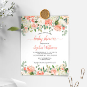 Budget Coral & White Rose Baby Shower Invitation