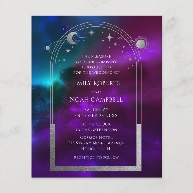 Budget Cosmic Purple Teal Silver Sun Moon Wedding Flyer (Front)