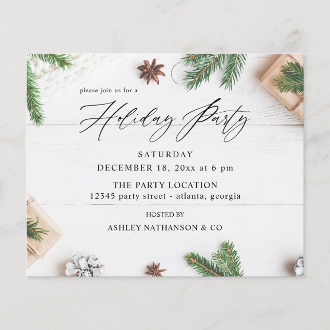 Budget Cosy Rustic Pine Leaves Holiday Party Flyer (Front)