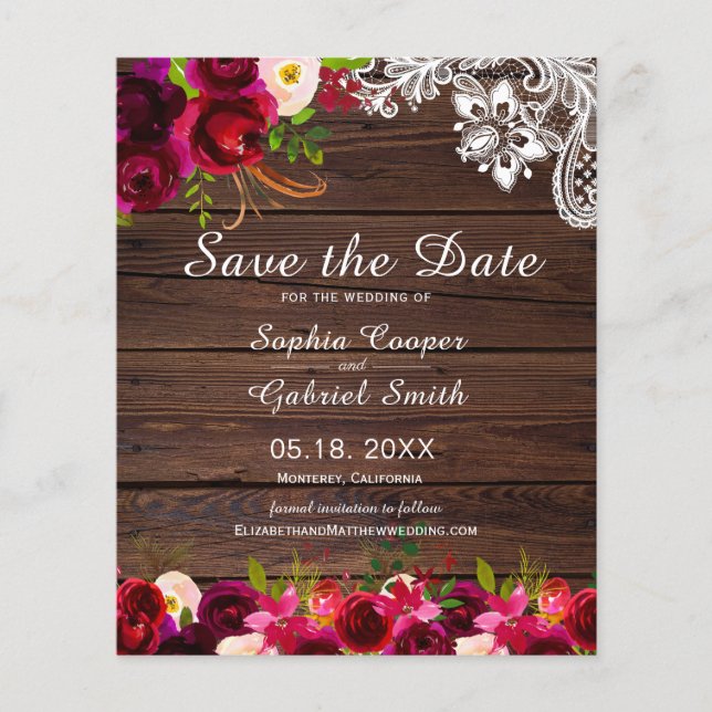 Budget Country Burgundy Floral Wood Save The Date (Front)
