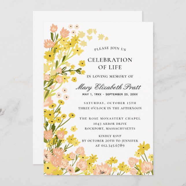 Budget Country Yellow Pink Foral Funeral Invitation (Front/Back)