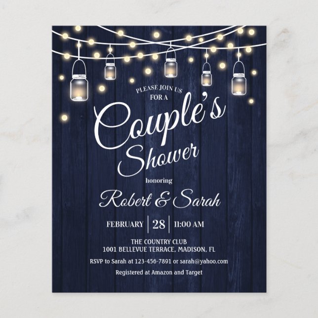 Budget Couple's Shower Navy Rustic Wood Invitation Flyer (Front)