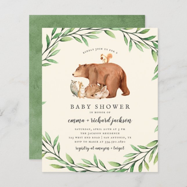 Budget Cream Greenery Forest Animals Baby Shower (Front/Back)